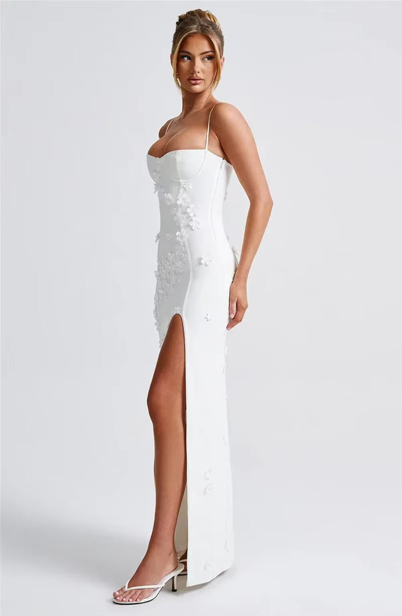 Elegant Spaghetti Strap Flower Patchwork Sleeveless Gala Maxi Dress