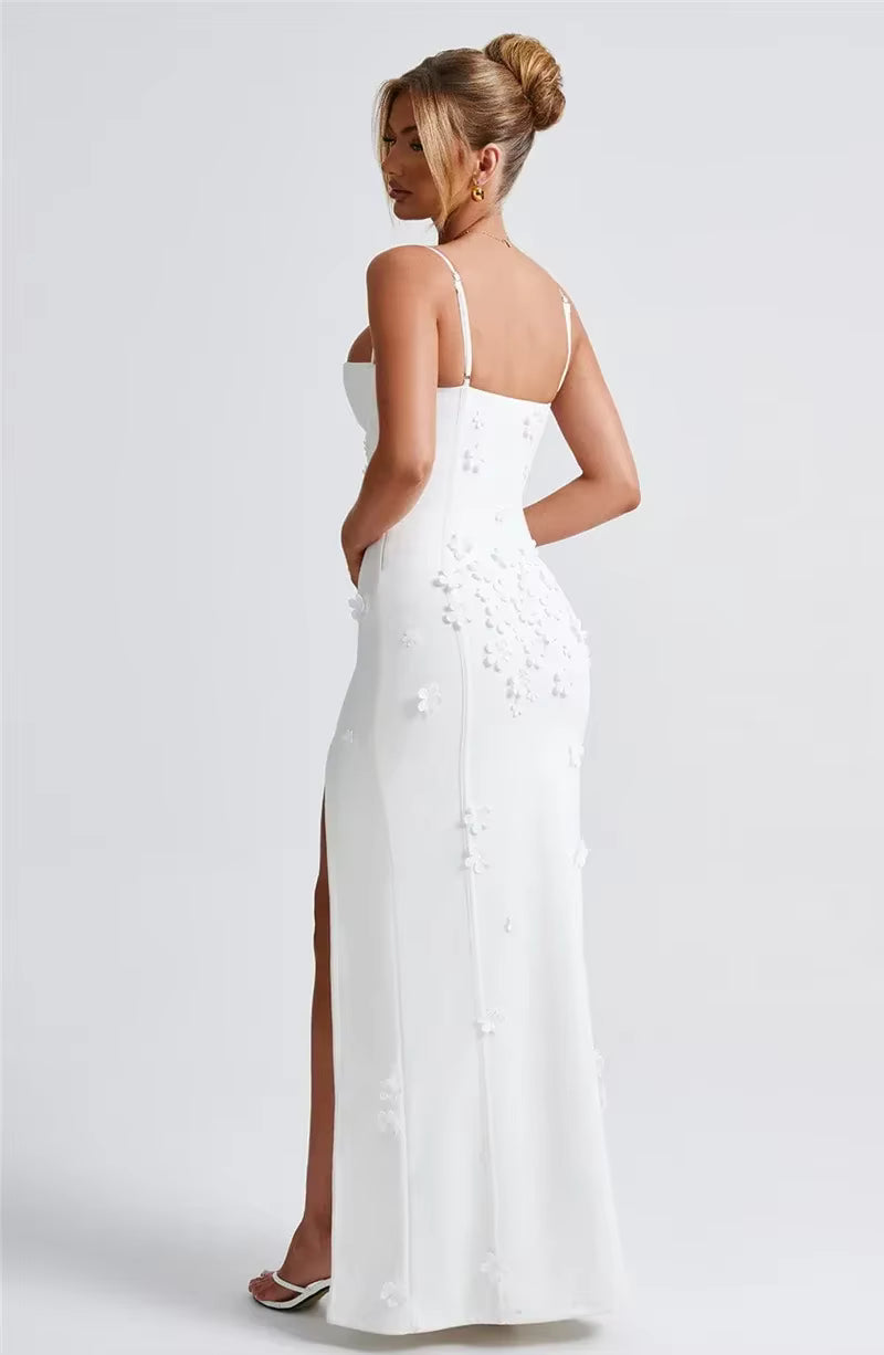 Elegant Spaghetti Strap Flower Patchwork Sleeveless Gala Maxi Dress