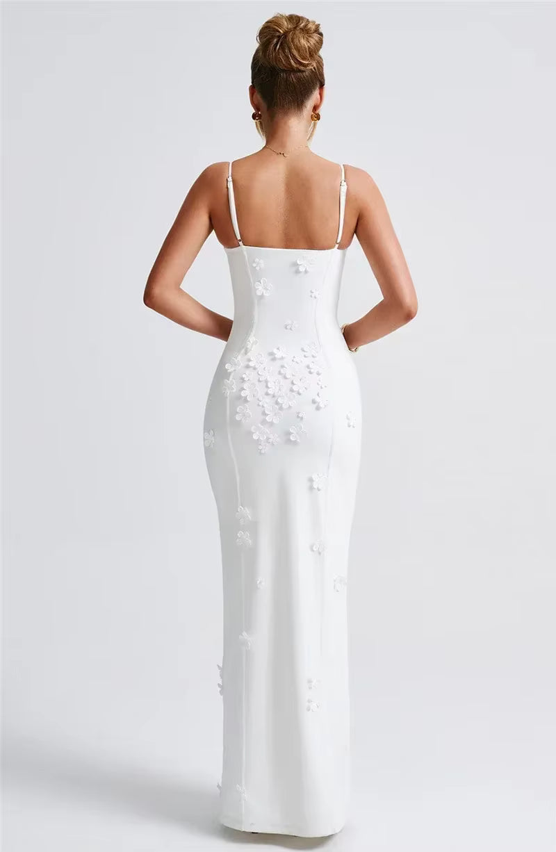 Elegant Spaghetti Strap Flower Patchwork Sleeveless Gala Maxi Dress