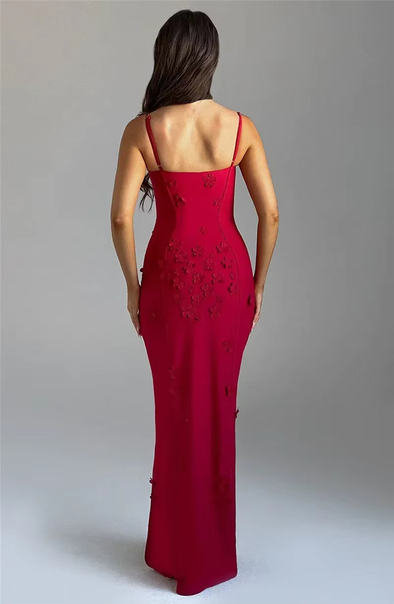 Elegant Spaghetti Strap Flower Patchwork Sleeveless Gala Maxi Dress