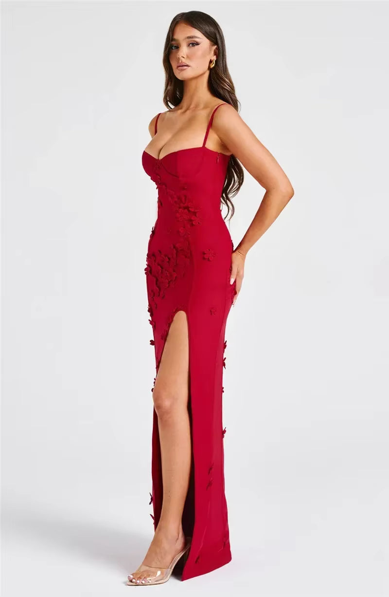 Elegant Spaghetti Strap Flower Patchwork Sleeveless Gala Maxi Dress