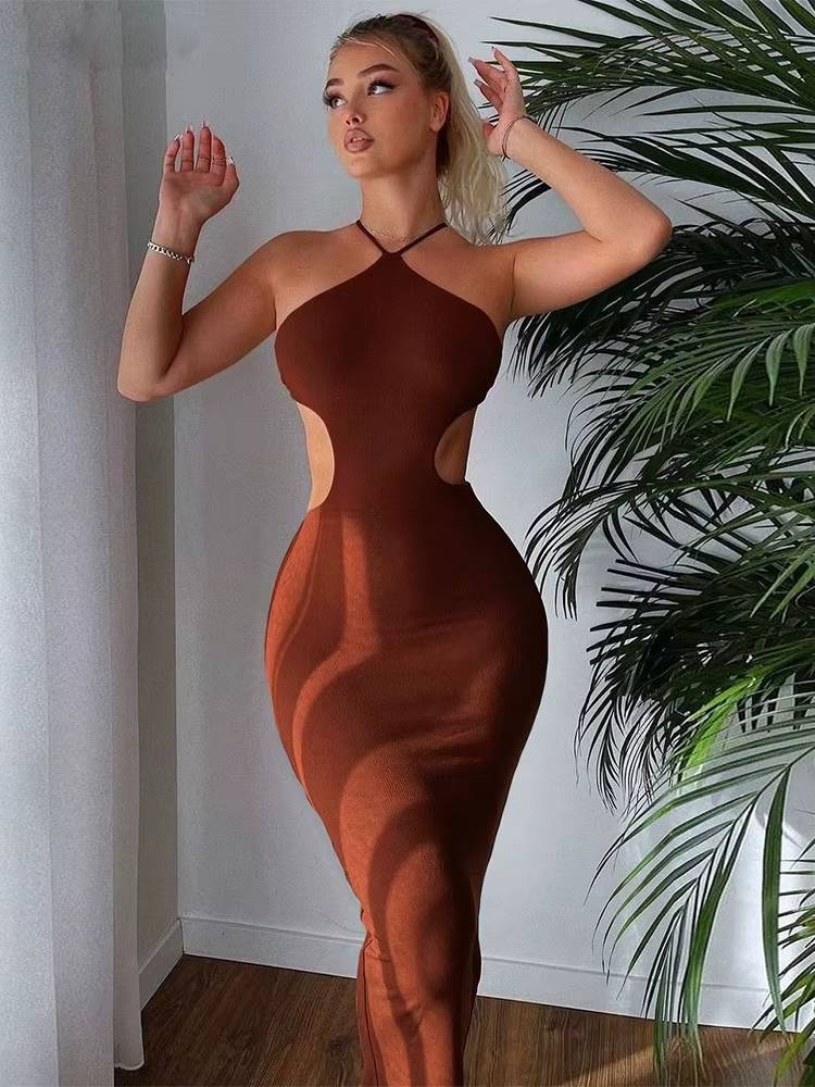 Elegant Spaghetti Strap Halter Neck Sleeveless Knitted Maxi Dress