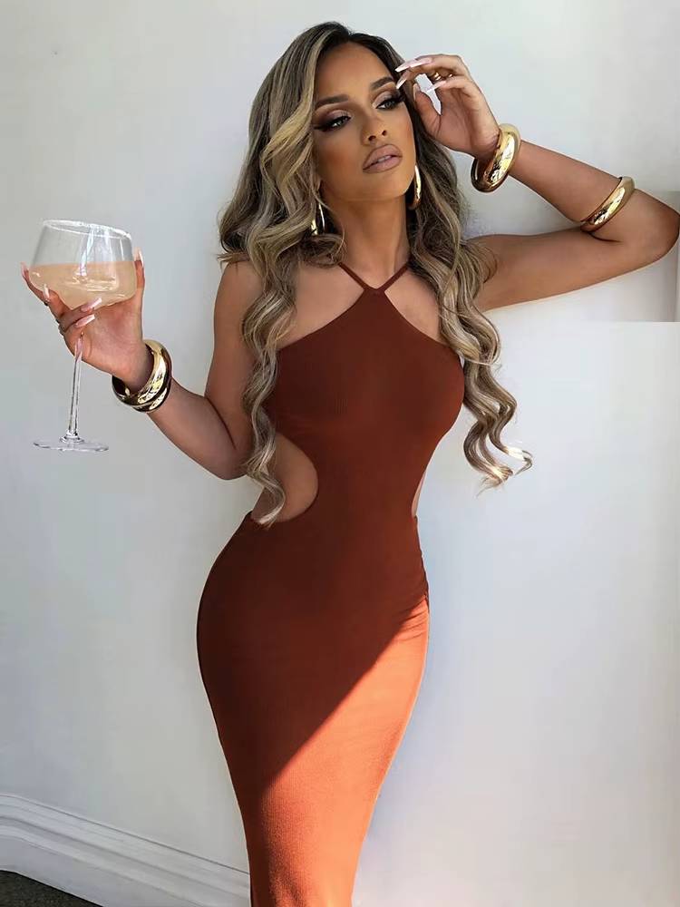 Elegant Spaghetti Strap Halter Neck Sleeveless Knitted Maxi Dress
