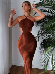 Elegant Spaghetti Strap Halter Neck Sleeveless Knitted Maxi Dress