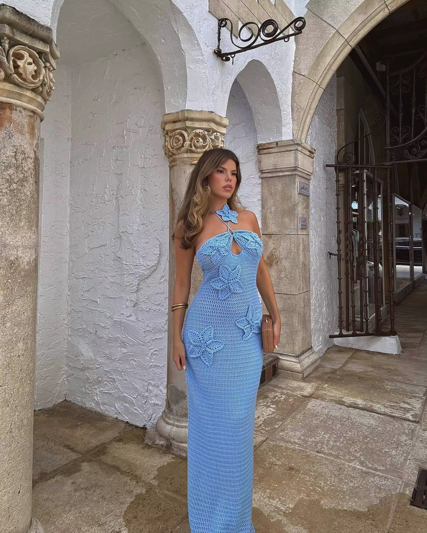 Elegant Spaghetti Strap Hollow Out Halter Sleeveless Flower Knitted Maxi Dress