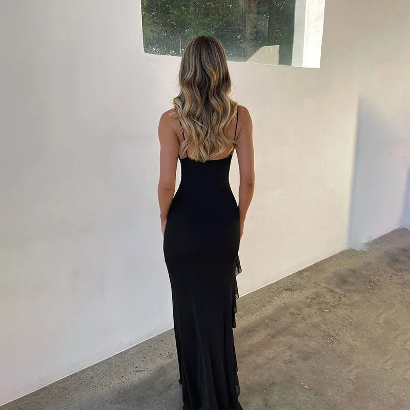 Elegant  Spaghetti Strap Hollow Out Long Slim Bodycon Maxi Dress