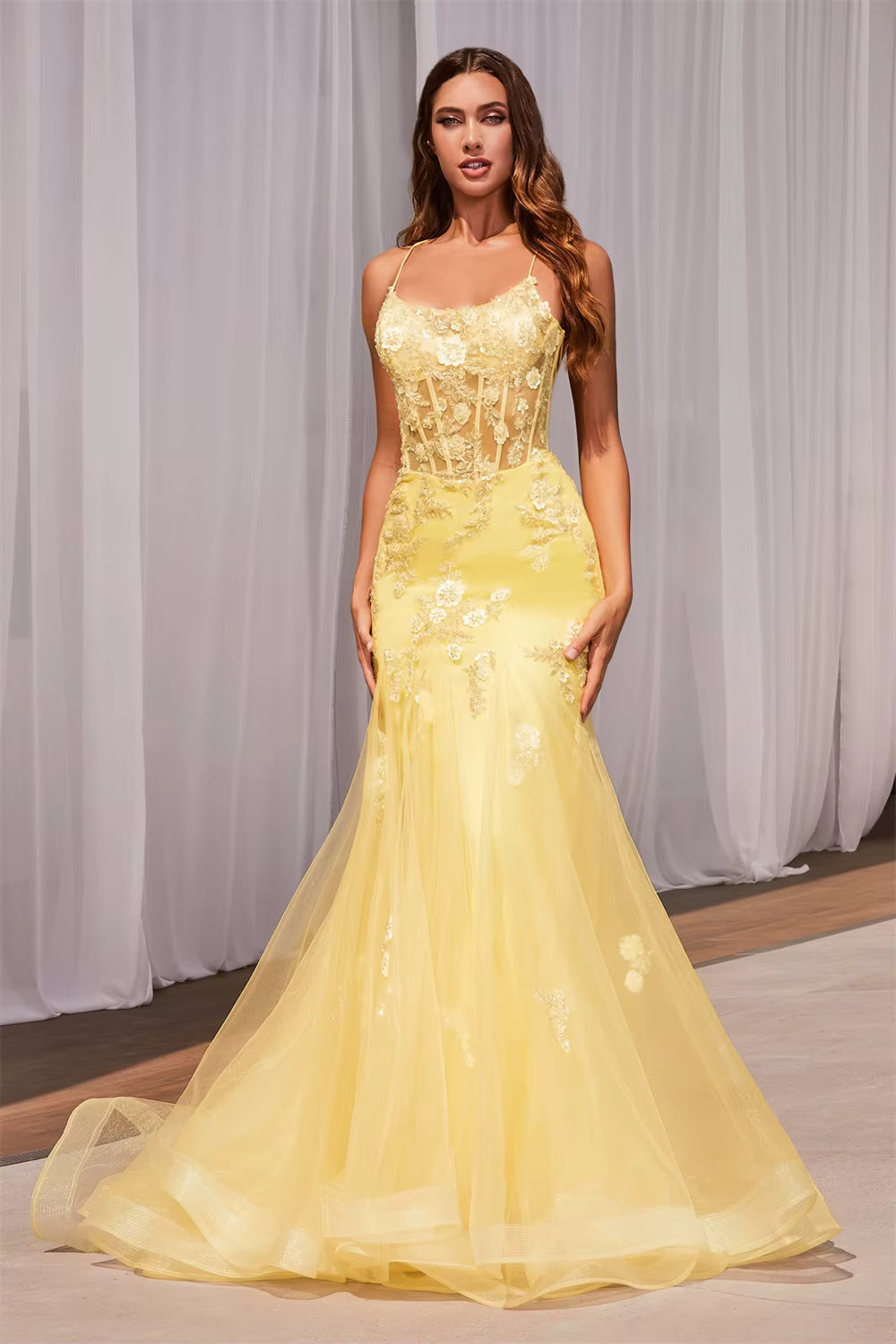 Elegant Spaghetti Strap Lace Embroidery Mermaid Evening Party Maxi Dress