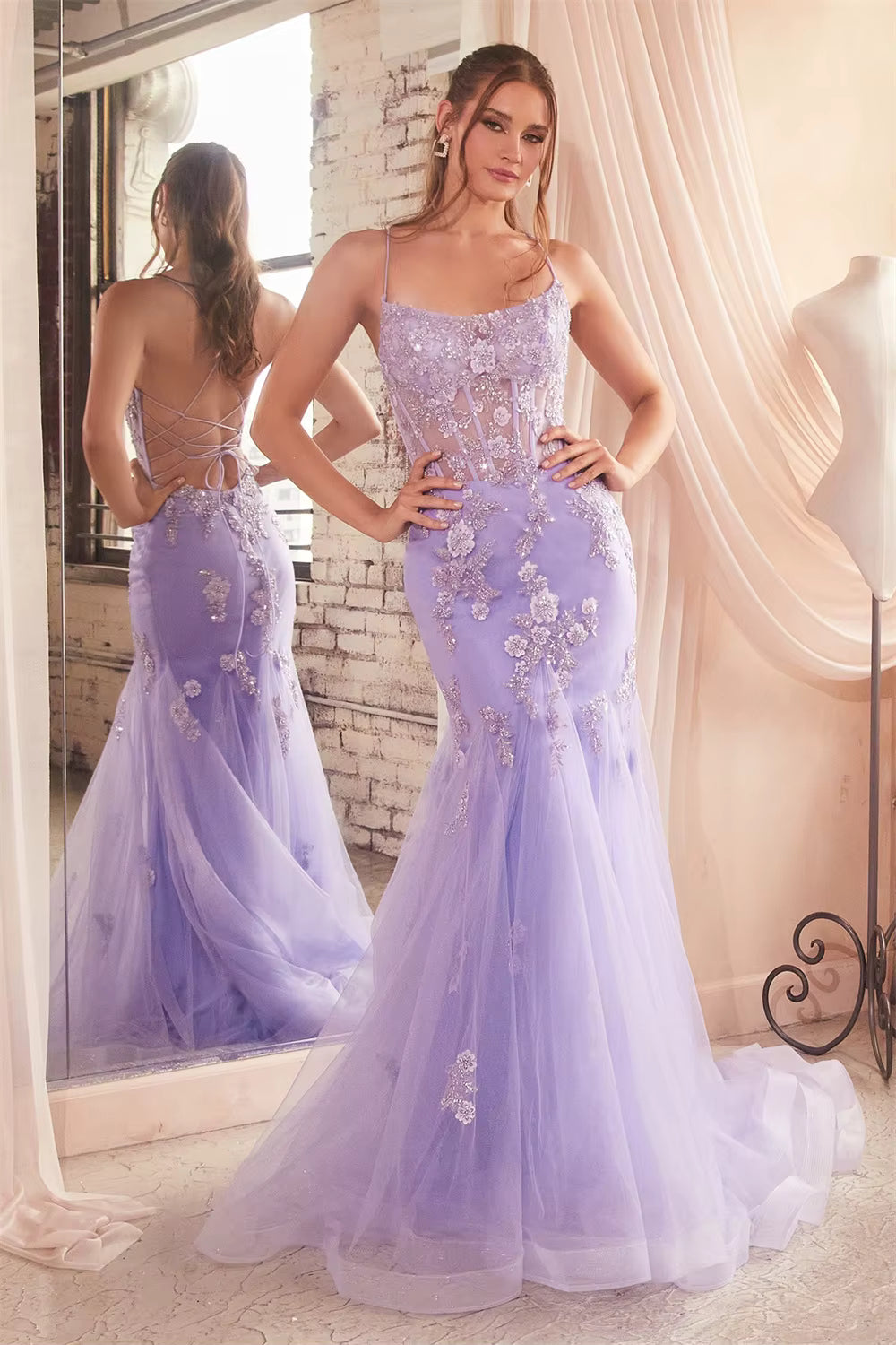Elegant Spaghetti Strap Lace Embroidery Mermaid Evening Party Maxi Dress