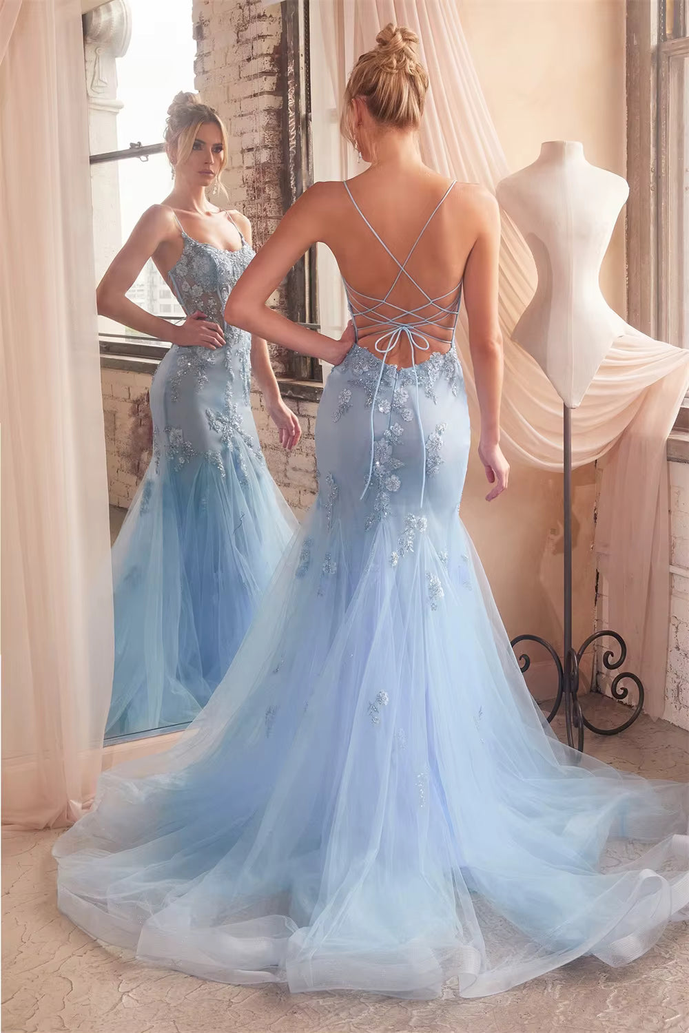 Elegant Spaghetti Strap Lace Embroidery Mermaid Evening Party Maxi Dress