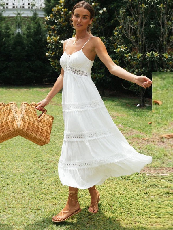 Elegant Spaghetti Strap Lace Patchwork Long Dress