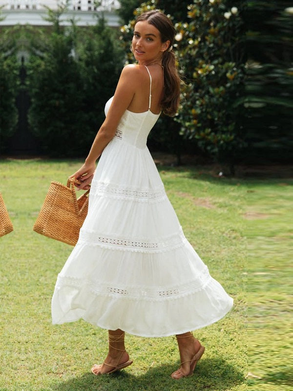 Elegant Spaghetti Strap Lace Patchwork Long Dress
