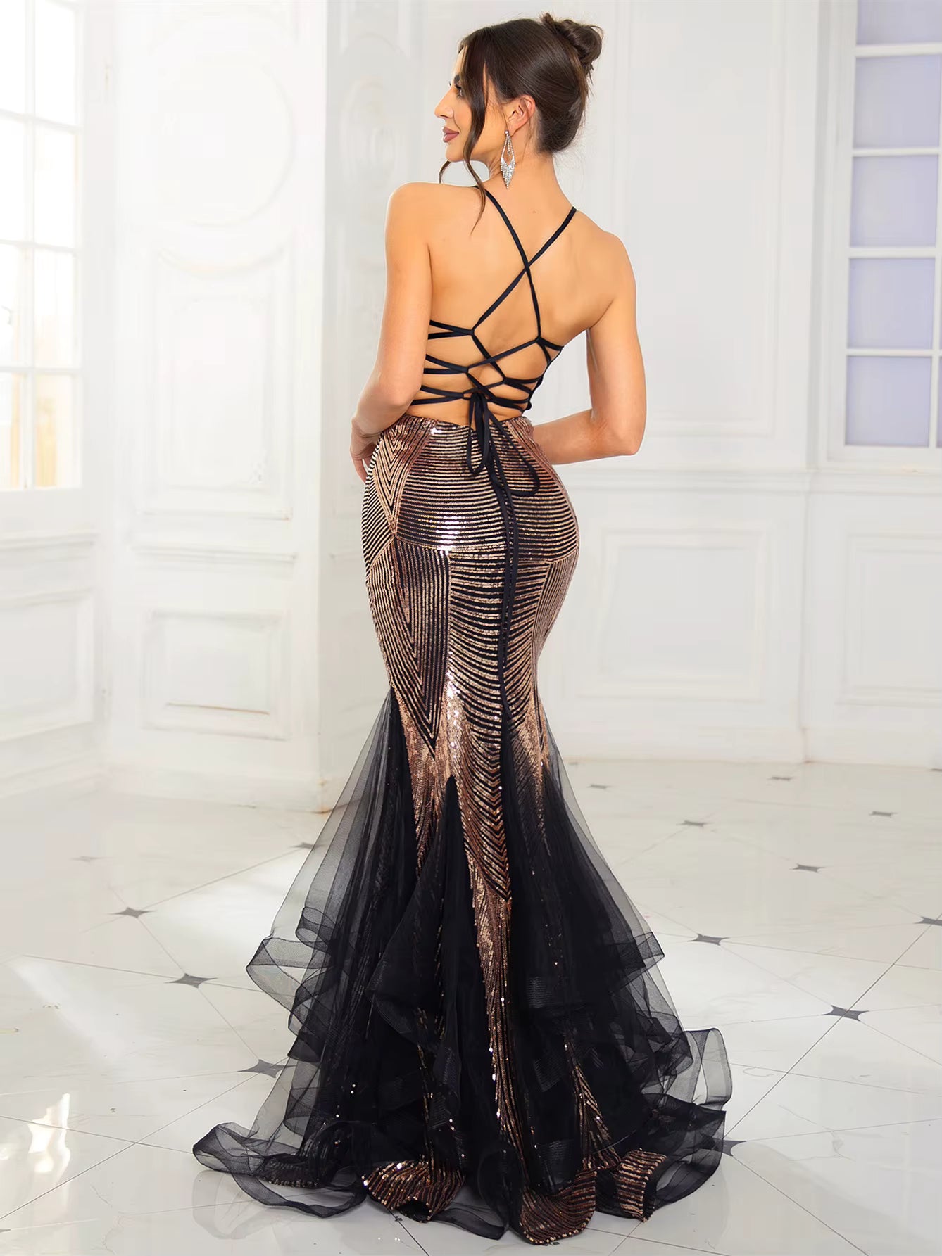 Elegant Spaghetti Strap Lace Up Gold Sequined A-Line V Neck Backless Evening Maxi Dress