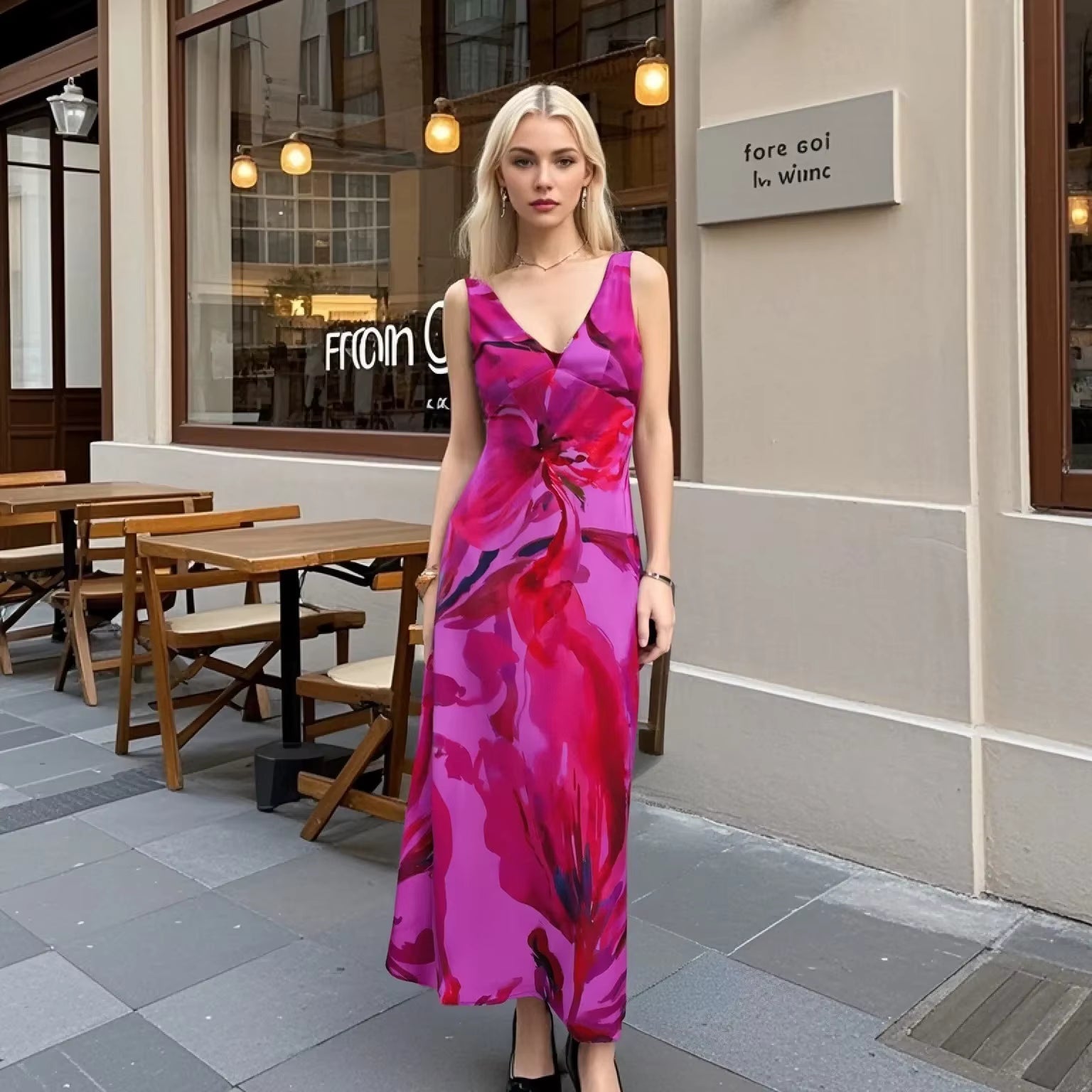 Elegant Spaghetti Strap Patchwork Printed V-neck Silk Satin Maxi Dress