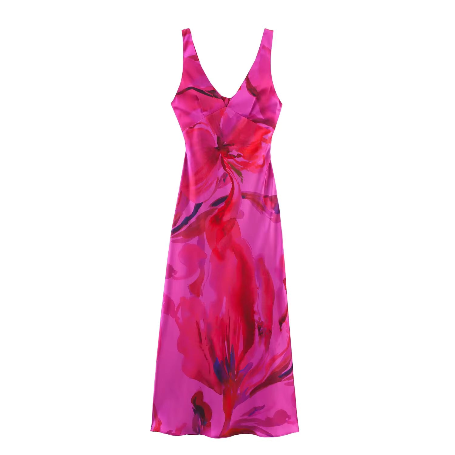 Elegant Spaghetti Strap Patchwork Printed V-neck Silk Satin Maxi Dress