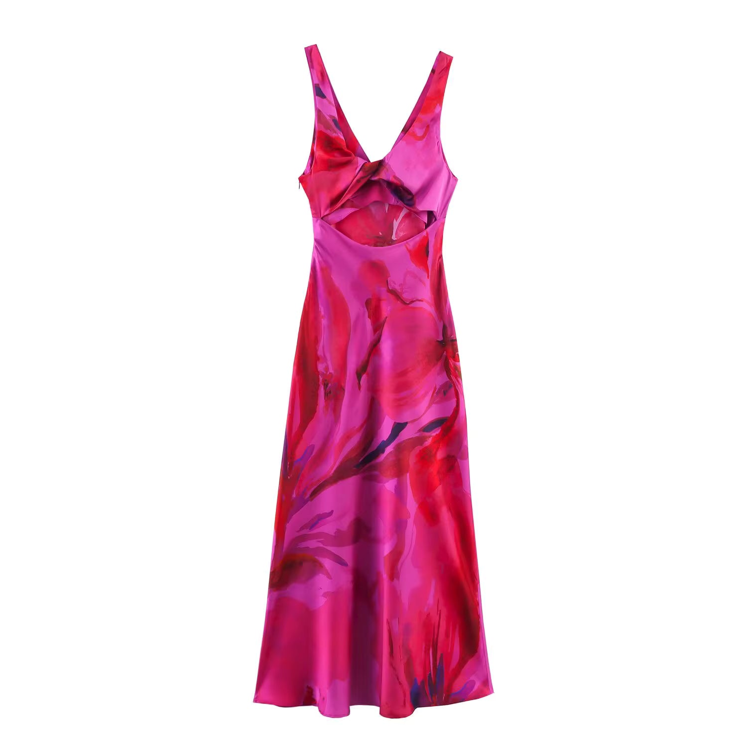 Elegant Spaghetti Strap Patchwork Printed V-neck Silk Satin Maxi Dress