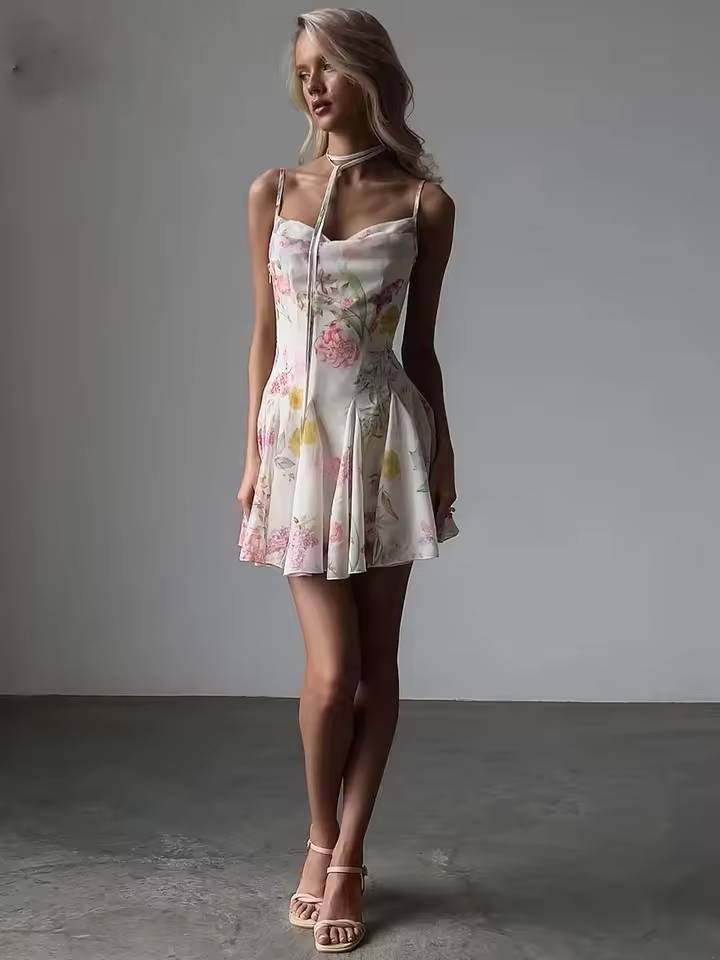 Elegant Spaghetti Strap Pleated Mini Dress Streetwear