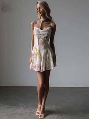Elegant Spaghetti Strap Pleated Mini Dress Streetwear