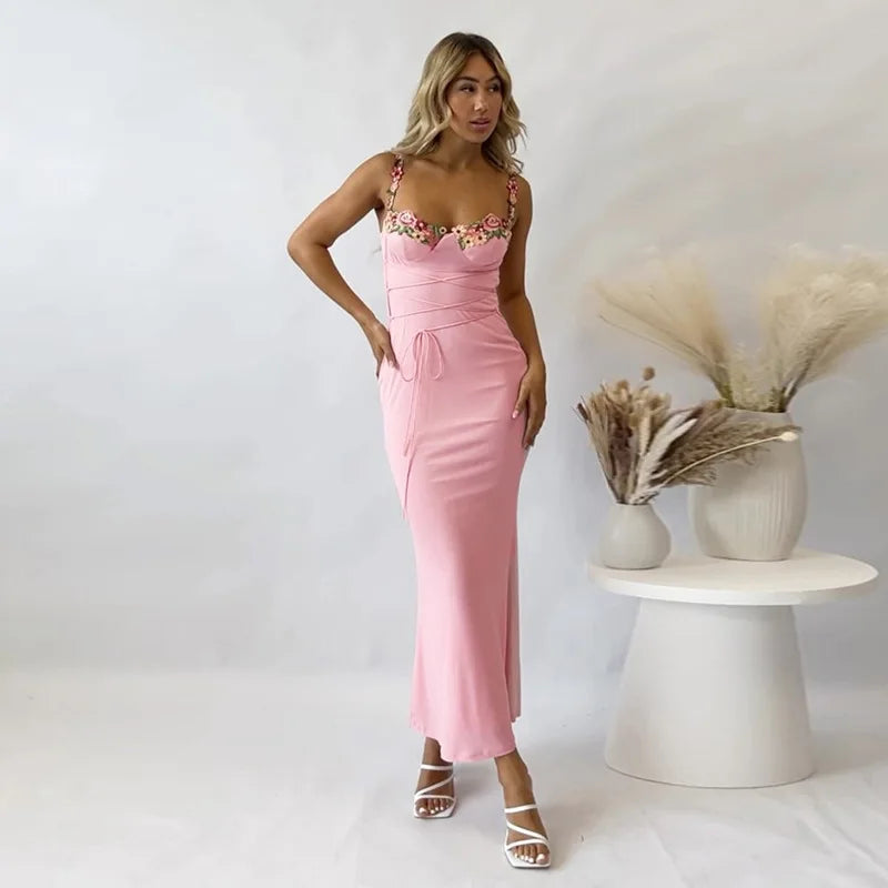 Elegant Spaghetti Strap Print Patchwork Maxi Dress Strapless Sleeveless Backless Bodycon Long Dress