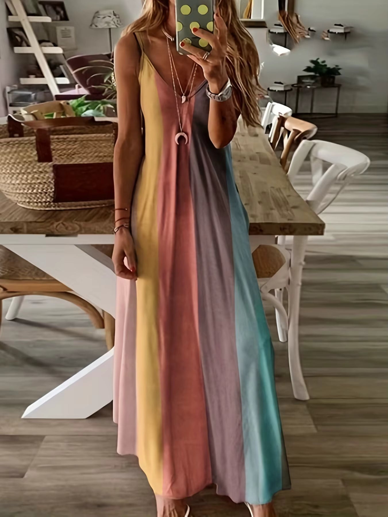 Elegant Spaghetti Strap Printed Slip Ankle Length Loose Maxi Dress