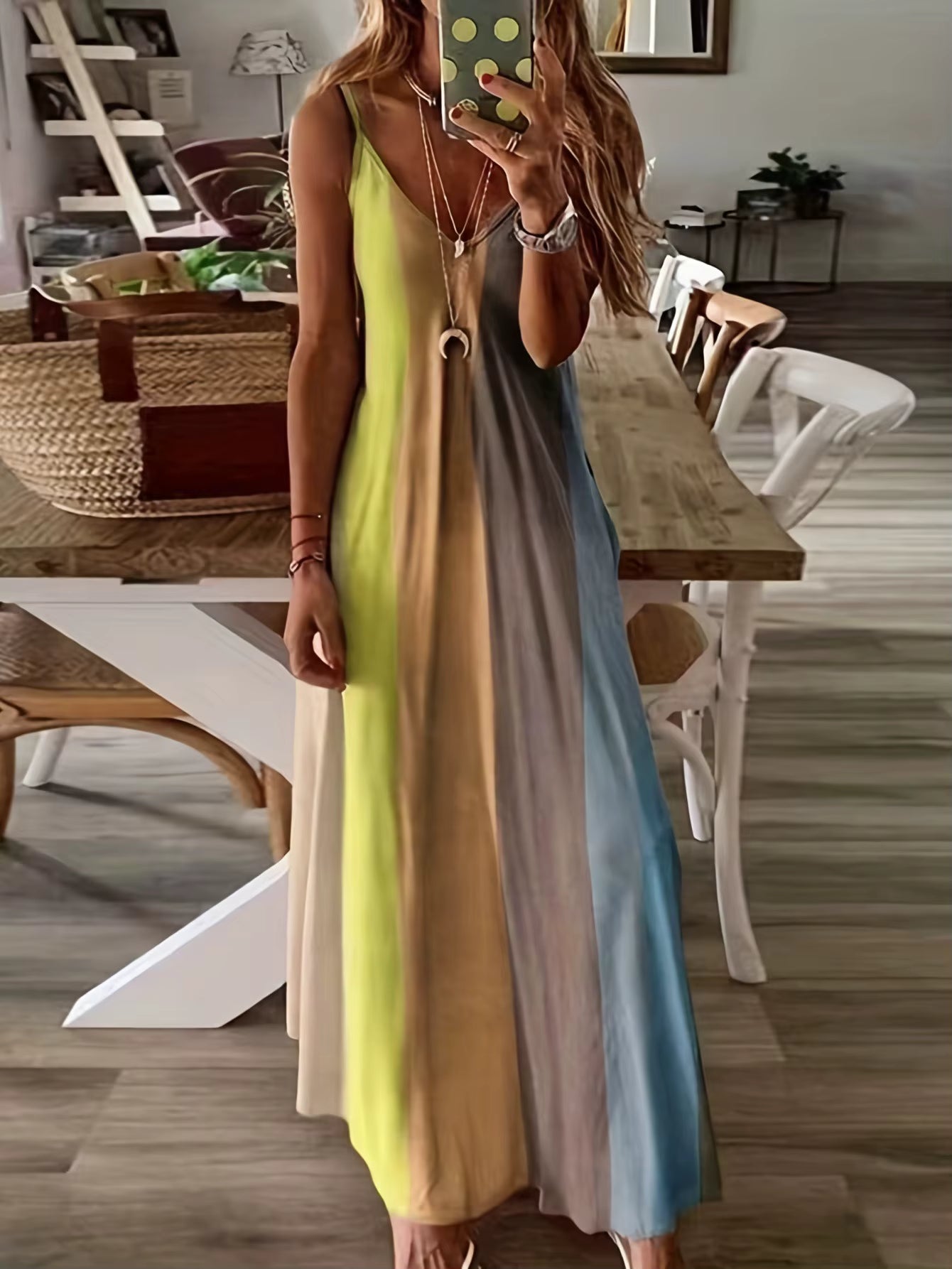 Elegant Spaghetti Strap Printed Slip Ankle Length Loose Maxi Dress
