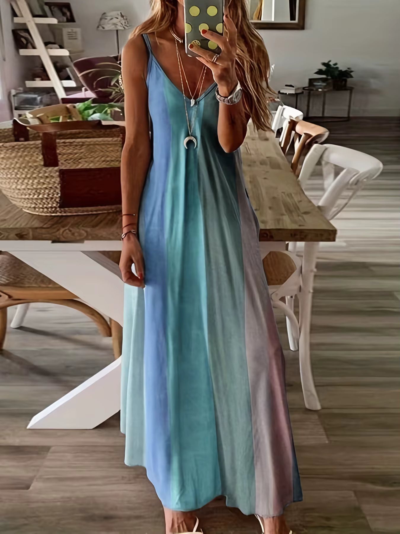 Elegant Spaghetti Strap Printed Slip Ankle Length Loose Maxi Dress