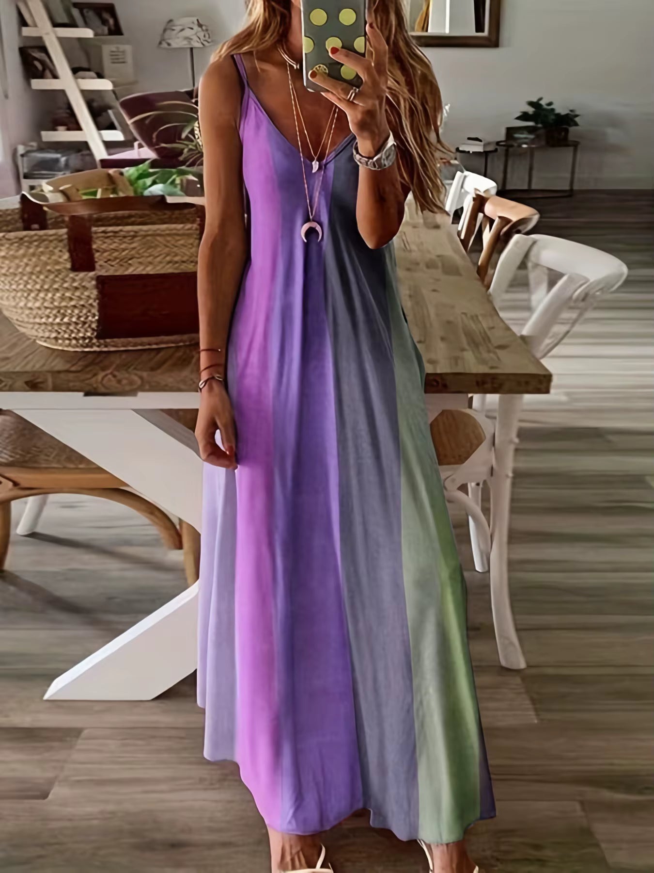 Elegant Spaghetti Strap Printed Slip Ankle Length Loose Maxi Dress