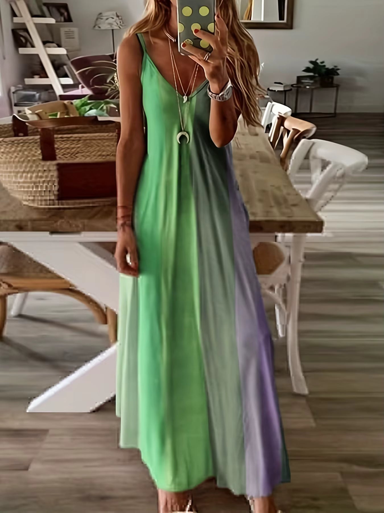 Elegant Spaghetti Strap Printed Slip Ankle Length Loose Maxi Dress