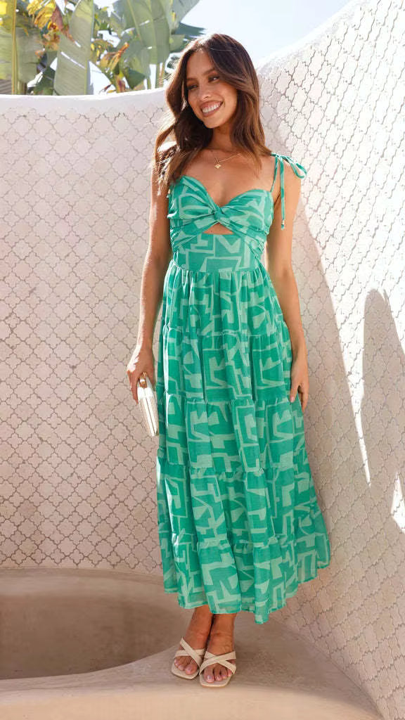 Elegant Spaghetti Strap Pullover Style Printed A-line Strap Long Dress