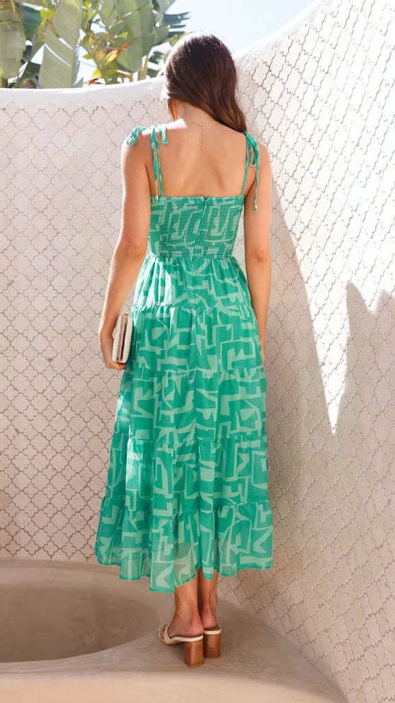 Elegant Spaghetti Strap Pullover Style Printed A-line Strap Long Dress