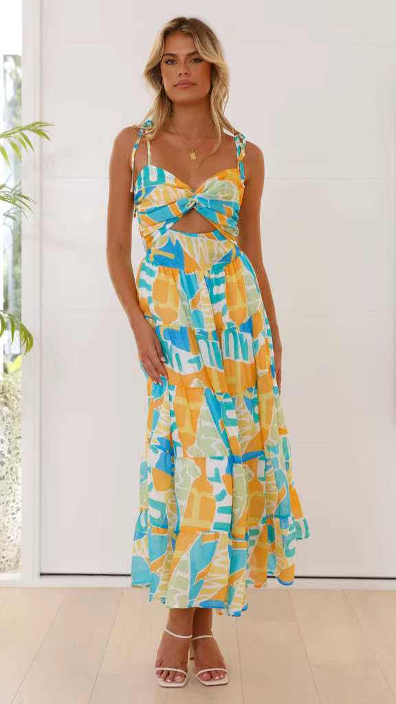 Elegant Spaghetti Strap Pullover Style Printed A-line Strap Long Dress