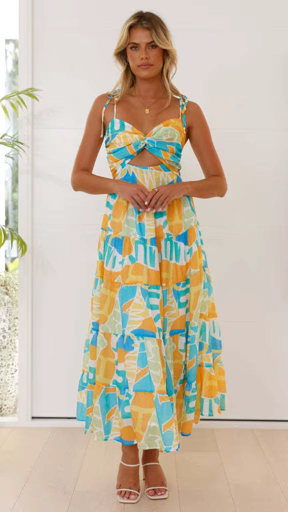 Elegant Spaghetti Strap Pullover Style Printed A-line Strap Long Dress
