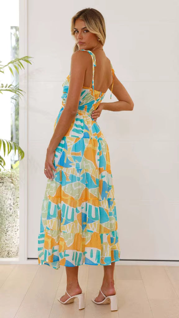 Elegant Spaghetti Strap Pullover Style Printed A-line Strap Long Dress