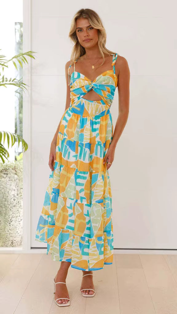 Elegant Spaghetti Strap Pullover Style Printed A-line Strap Long Dress