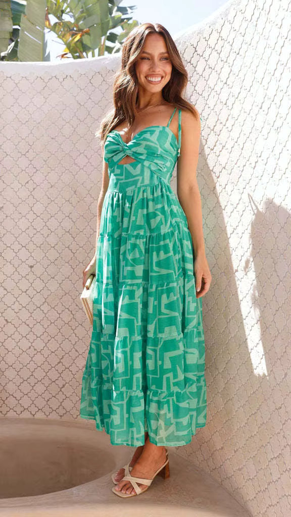Elegant Spaghetti Strap Pullover Style Printed A-line Strap Long Dress