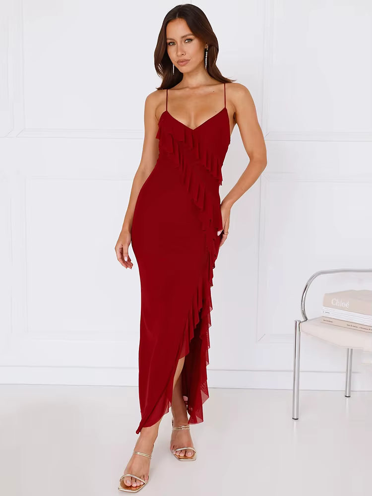 Elegant Spaghetti Strap Ruffle Lace-up Sleeveless Backless Split Bodycon Maxi Dress