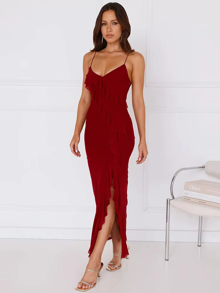Elegant Spaghetti Strap Ruffle Lace-up Sleeveless Backless Split Bodycon Maxi Dress