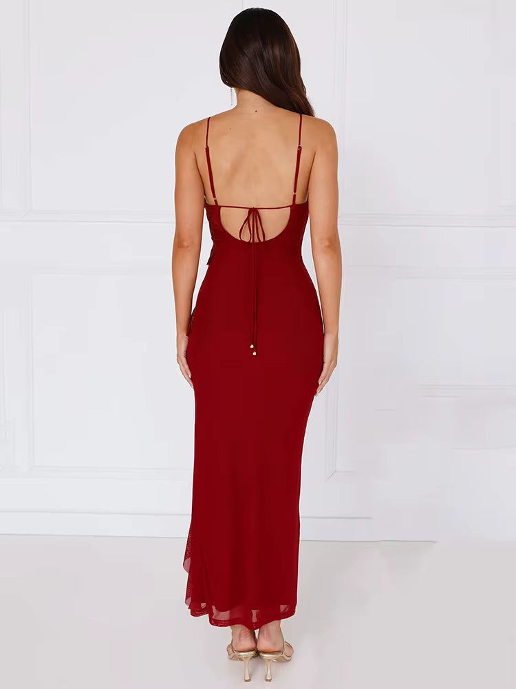 Elegant Spaghetti Strap Ruffle Lace-up Sleeveless Backless Split Bodycon Maxi Dress