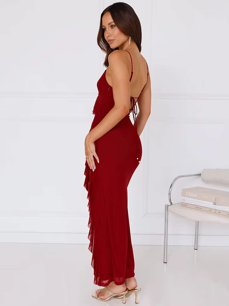 Elegant Spaghetti Strap Ruffle Lace-up Sleeveless Backless Split Bodycon Maxi Dress