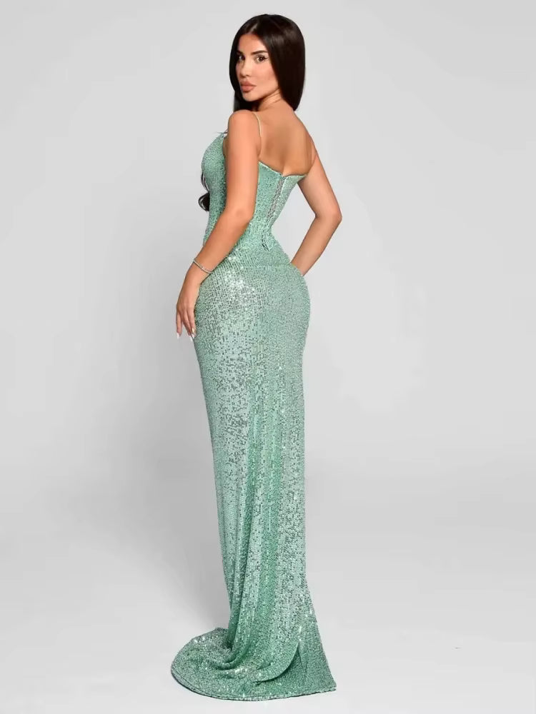 Elegant Spaghetti Strap Sequins Folds High Split Sleeveless Backless Lace-up Long Maxi Dress