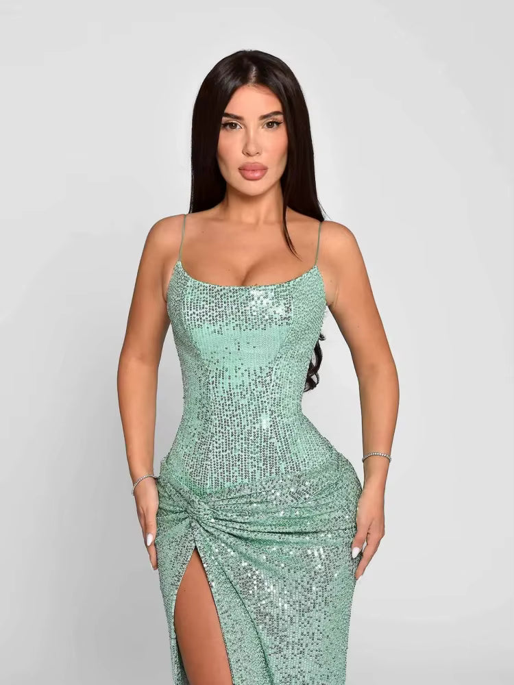Elegant Spaghetti Strap Sequins Folds High Split Sleeveless Backless Lace-up Long Maxi Dress