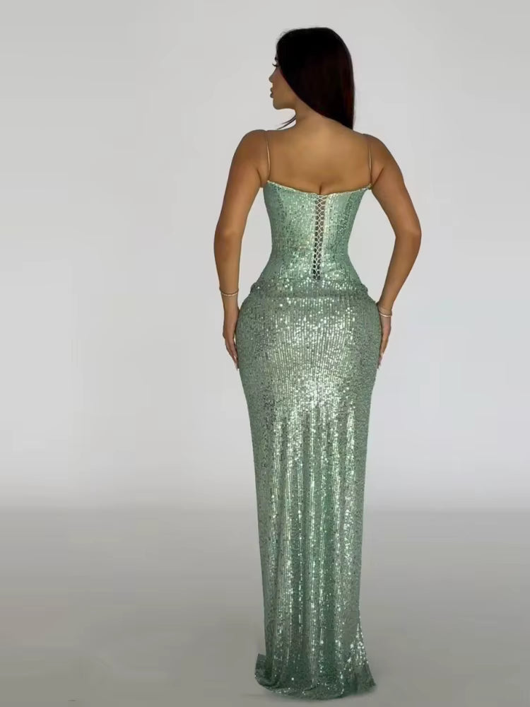 Elegant Spaghetti Strap Sequins Folds High Split Sleeveless Backless Lace-up Long Maxi Dress