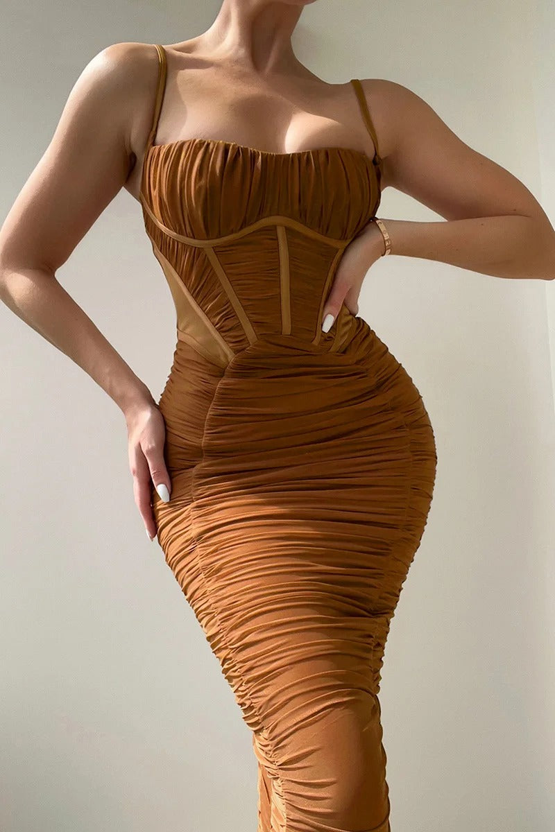 Elegant Spaghetti Strap Sleeveless Backless Zipper Corset Ruched Maxi Dress
