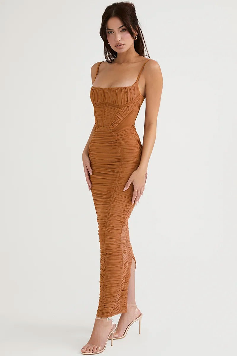 Elegant Spaghetti Strap Sleeveless Backless Zipper Corset Ruched Maxi Dress