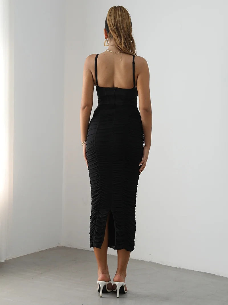 Elegant Spaghetti Strap Sleeveless Backless Zipper Corset Ruched Maxi Dress