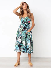 Elegant Spaghetti Strap Sleeveless Buttons Up Striped Flower A Line Midi Dresses