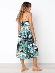 Elegant Spaghetti Strap Sleeveless Buttons Up Striped Flower A Line Midi Dresses