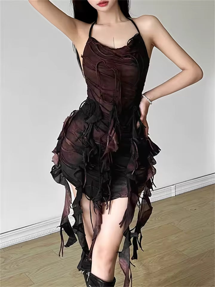 Elegant Spaghetti Strap Tassel Ruched Backless Bandage Halter Tie Dye Mini Dress