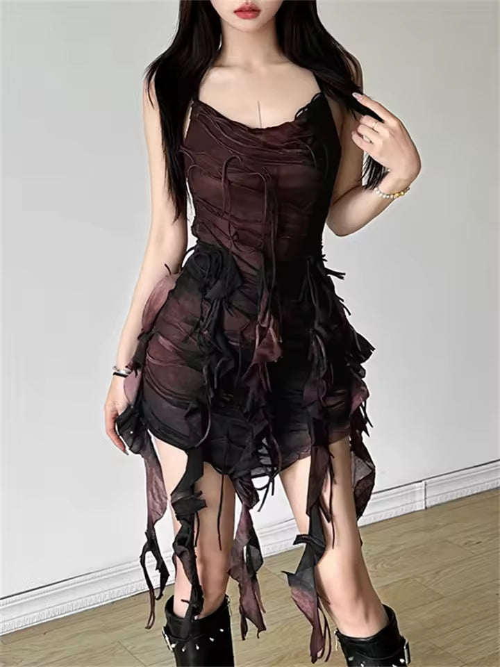 Elegant Spaghetti Strap Tassel Ruched Backless Bandage Halter Tie Dye Mini Dress