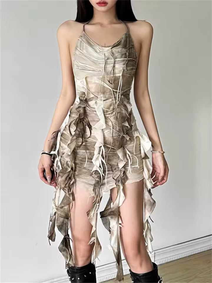 Elegant Spaghetti Strap Tassel Ruched Backless Bandage Halter Tie Dye Mini Dress