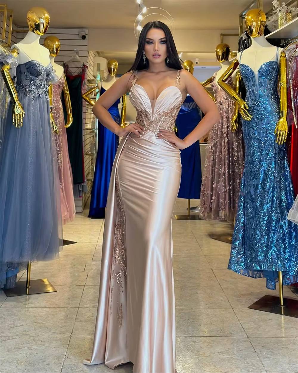 Elegant Spaghetti Strap V-neck Satin Wedding Party Maxi Dress